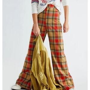 Free People Jules Plaid Wide-Leg Flared Puddle Pants Size 8 Rust Red/Tan 70s 80s